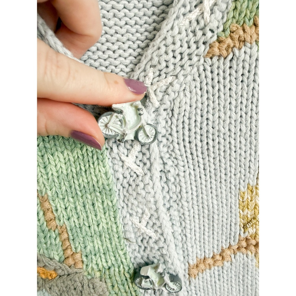 Storybook Knits Cardigan Victorian House Bicycle Novelty Small Blue Handknit S - Picture 5 of 10